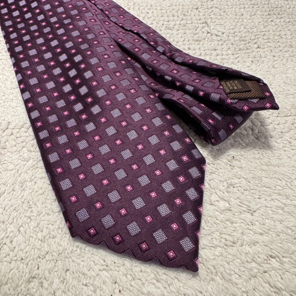 Tasso Elba Tie Purple Pink Geometric Square 100% Silk Handmade Necktie Luxury